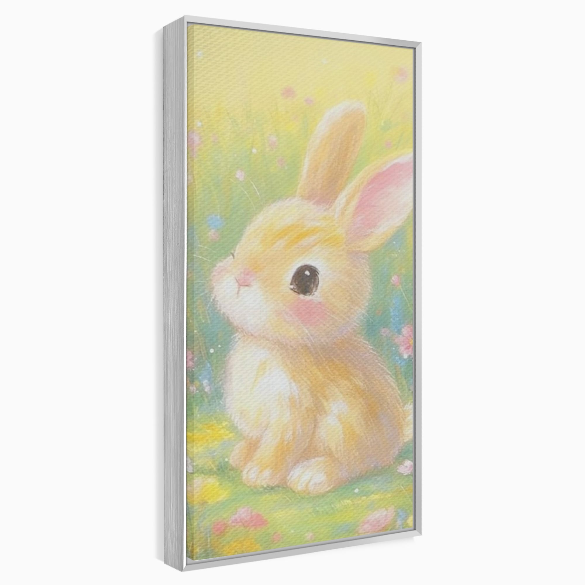 Tablou canvas cu tablou canvas cu iepuras printre flori, in rama de aluminiu argintiu